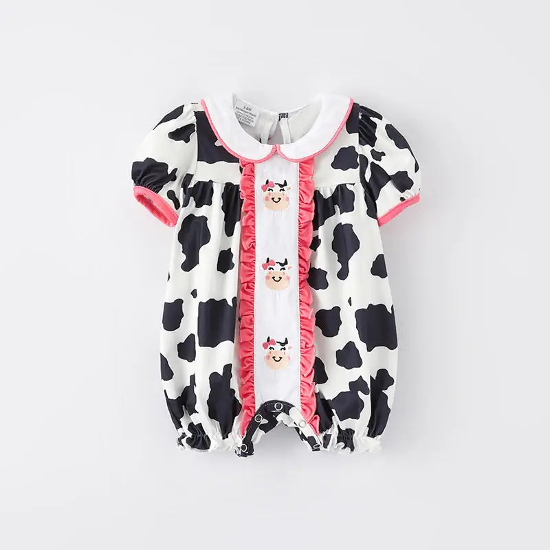 Baby Girls Summer Farm Cow Embroidered Infant Romper