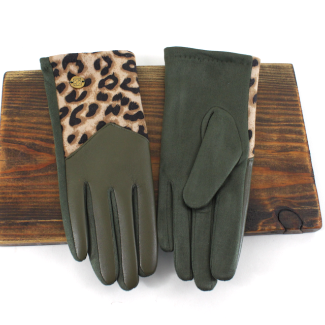A26002 Faux Leather Leopard Contrast Gloves
