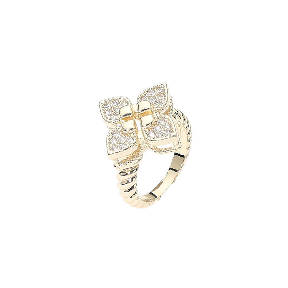 14K Gold Plated CZ Stone Paved Clover Ring