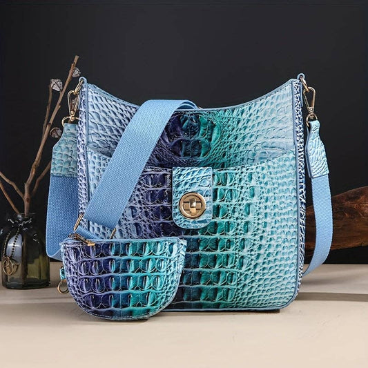 Wide Shoulder Strap Removable Two-Piece Elegant Women's Cross-Body Bag with Safety Zipper, Fashionable Crocodile Pattern, and Coin Purse