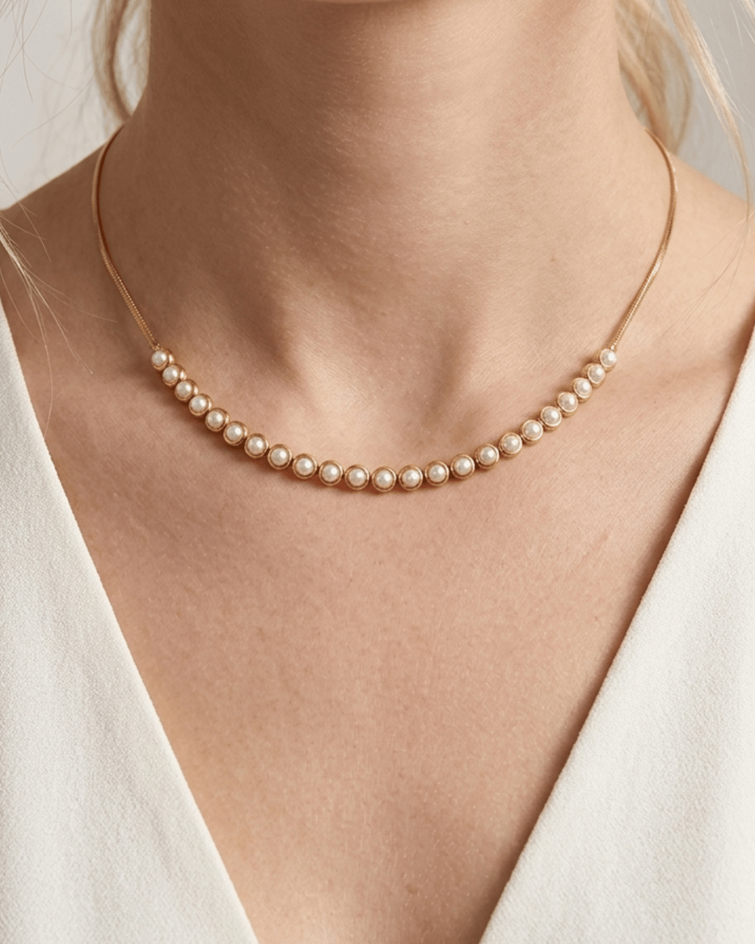 18K Gold Pearl Inlay Choker Adjustable Necklace-W