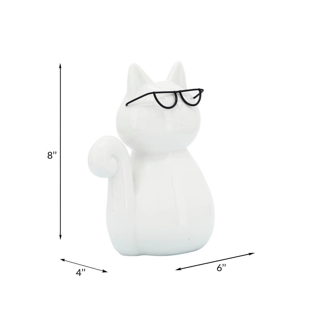 Ceramic Modern Kitty with Glasses Figurine - White, 8 in.