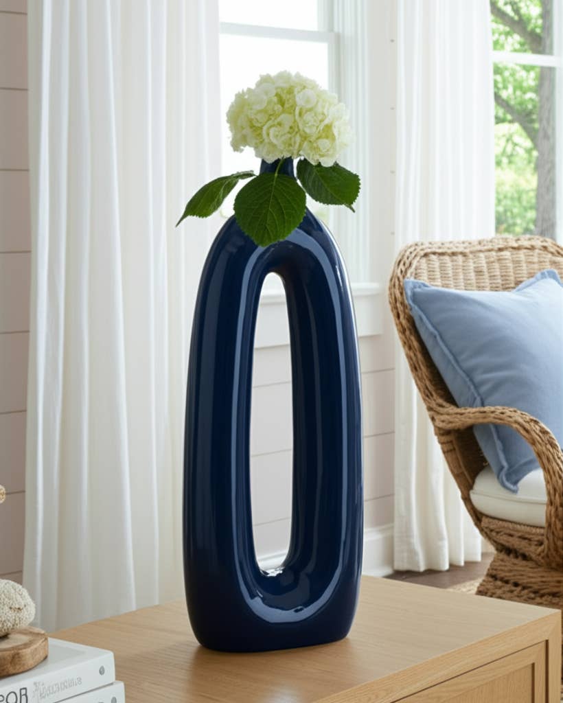 Ceramic Openwork Cut-Out Abstract Vase - Blue, 14 in.