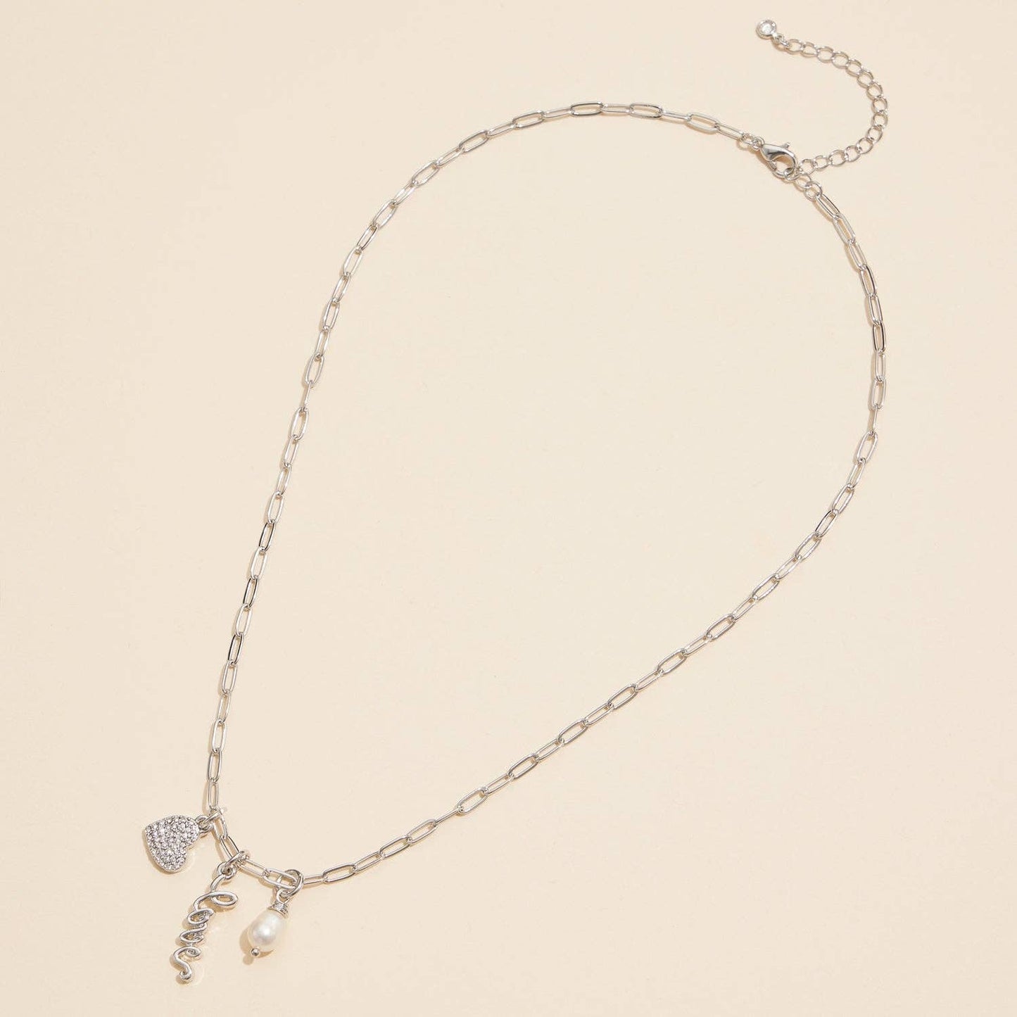 Gold Dipped Charming "Love" Pendant Necklace with Heart and Pearl Accents