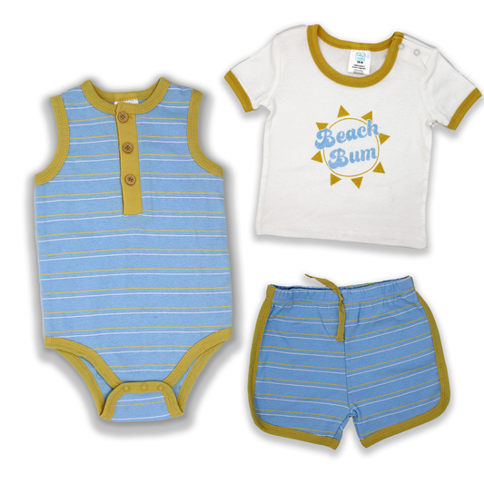 Boys 3pc Bodysuit, Shirt and Short Set: Beach Bum