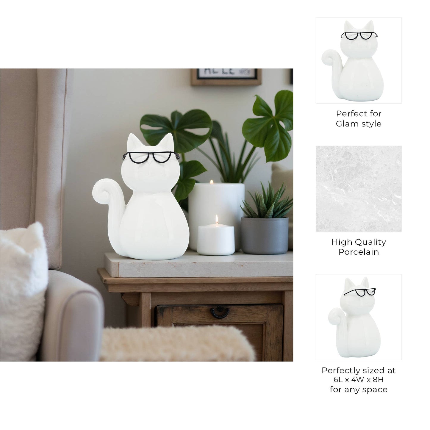 Ceramic Modern Kitty with Glasses Figurine - White, 8 in.