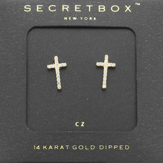 SECRET BOX_14K Gold Dipped CZ Cross Stud Earrings