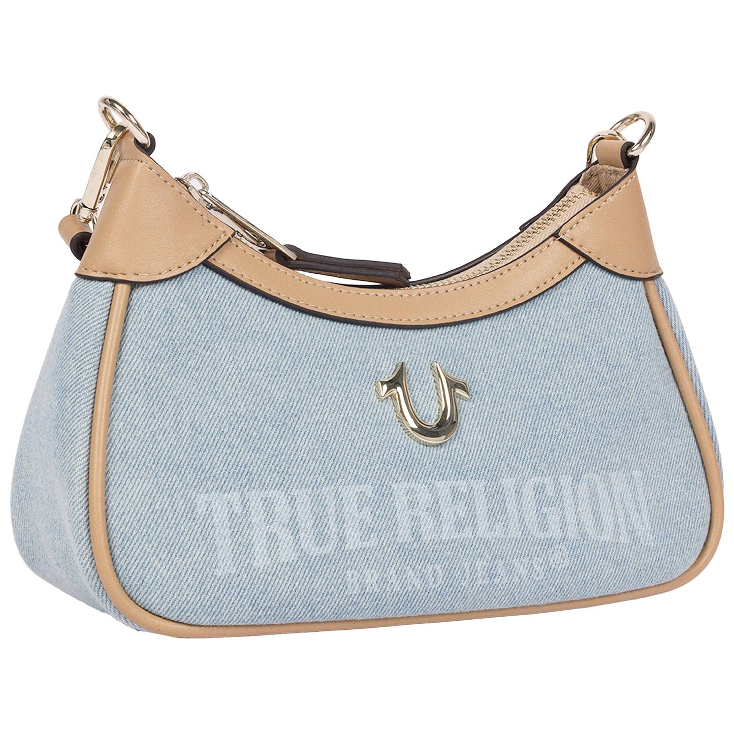True Religion Blair Denim & PU Shoulder Bag – Logo Denim Mini Shoulder Bag with Detachable Strap (Denim)