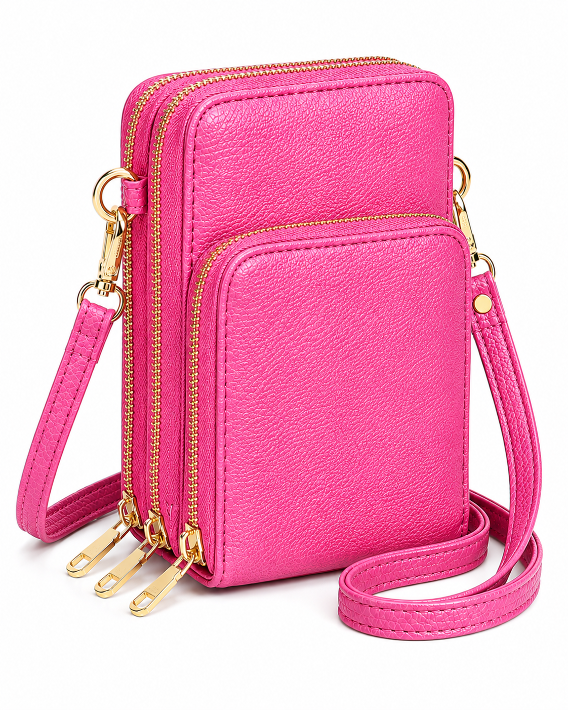 Triple Zip Vegan Leather Crossbody Wallet Bag with Strap
