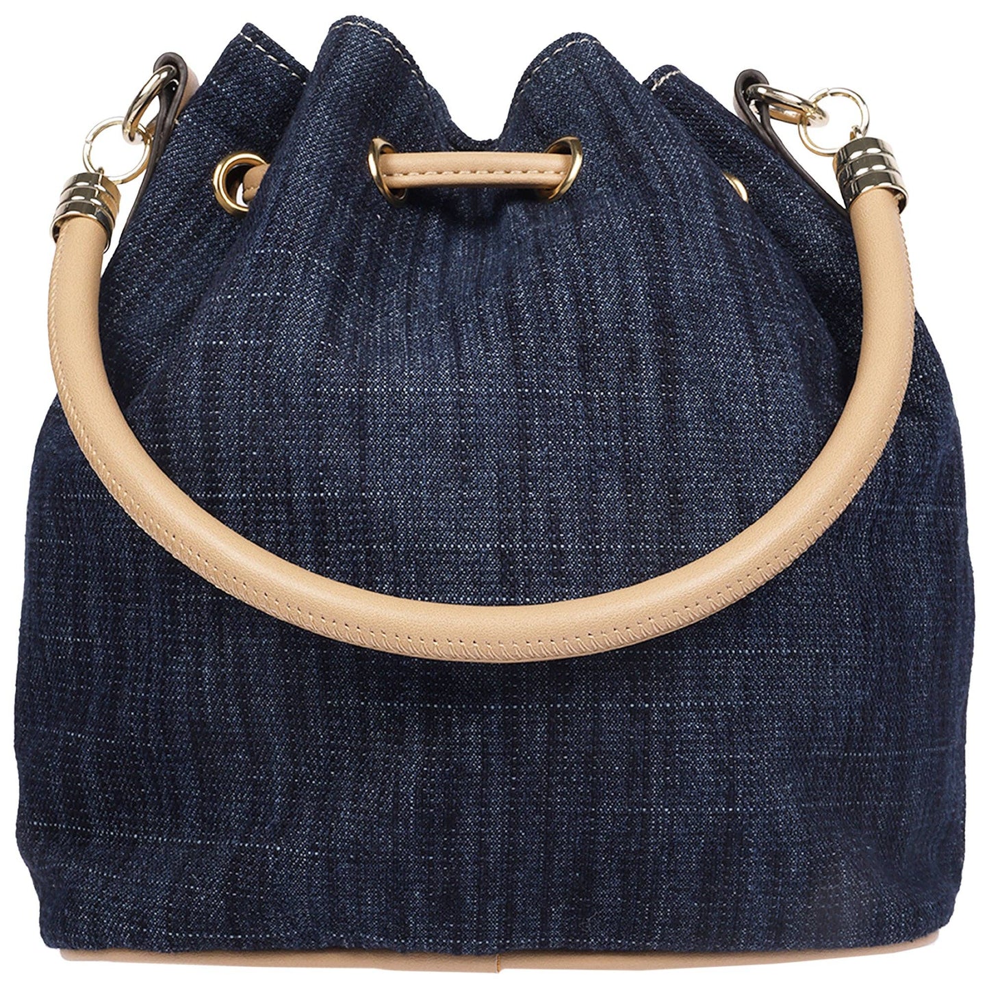 True Religion Bryce Denim & PU Bucket Bag – Women’s Designer Drawstring Bucket Handbag with Crossbody Strap (Dark Denim)