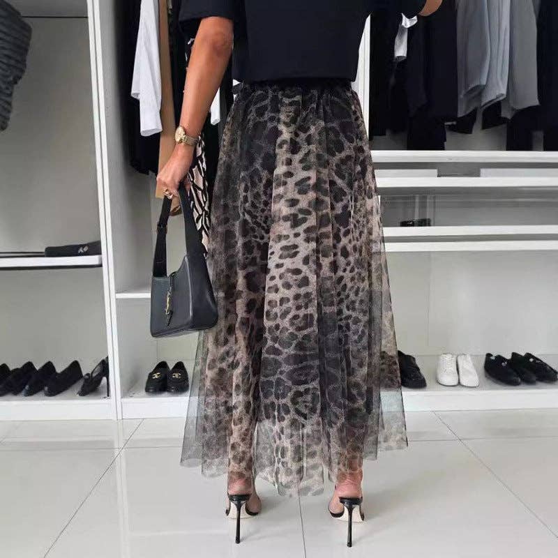 Women Fashion Mesh Leopard Print Chiffon Skirt