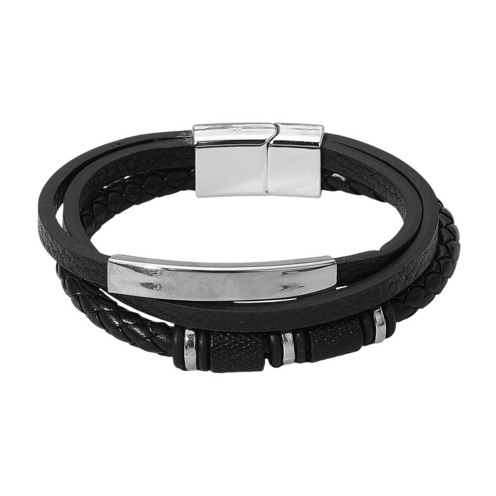 Mens Metal Accent Braided Smooth Genuine Leather Magnetic Bracelet