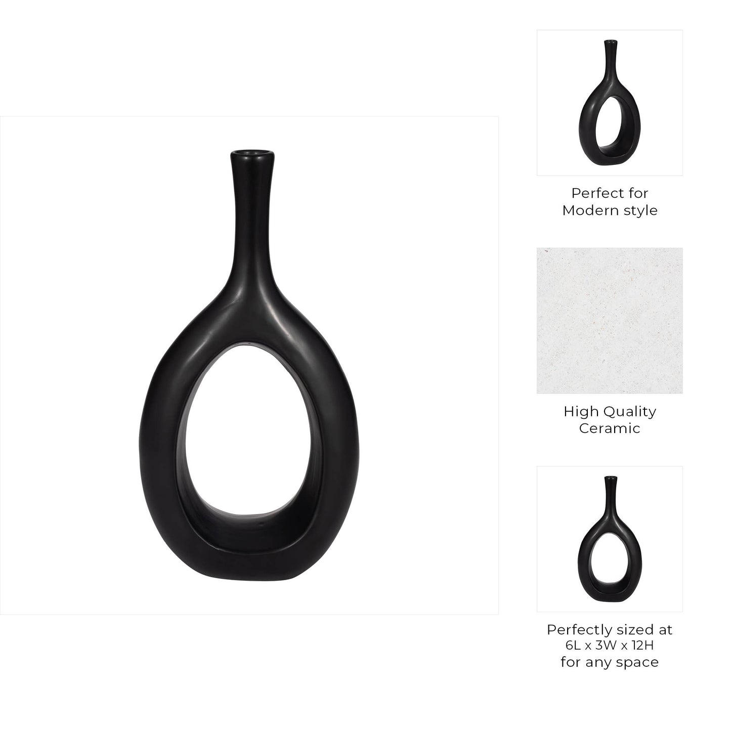 Ceramic Round Curved Open Cut-Out Vase - Black, 12 in.