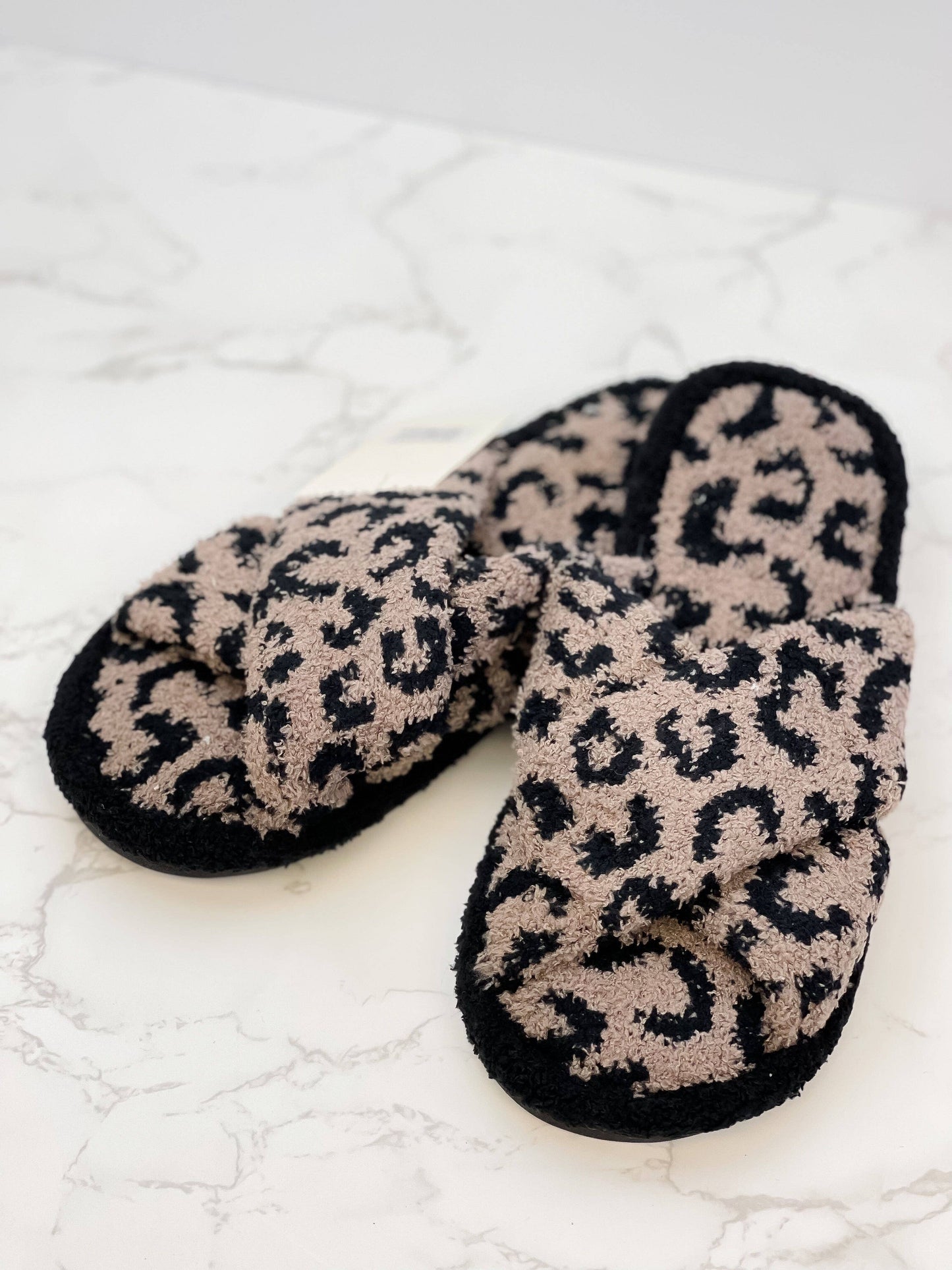Leopard Criss Cross Fuzzy Slippers