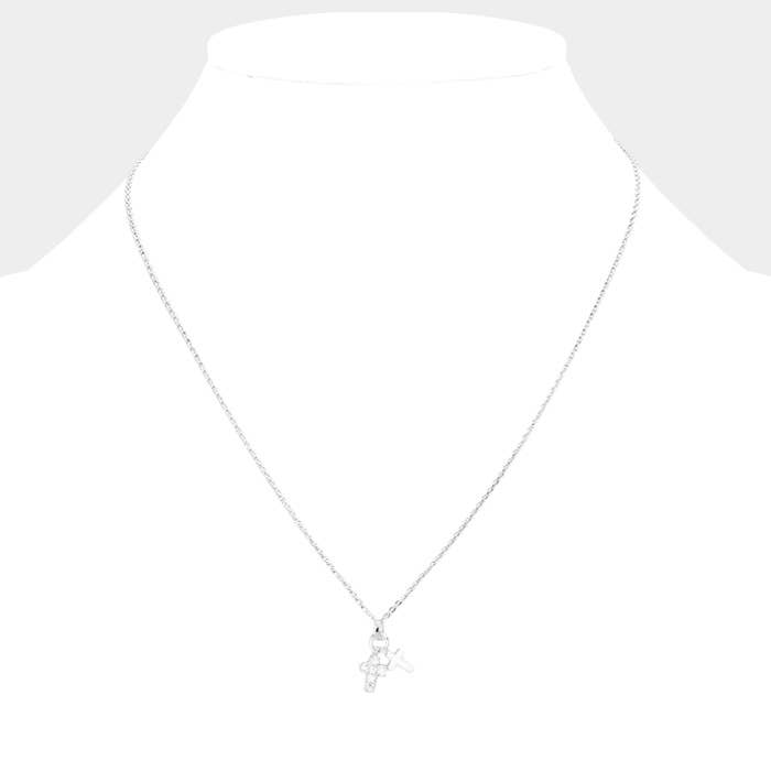 Gold Dipped CZ Stone Paved Double Cross Pendant Necklace
