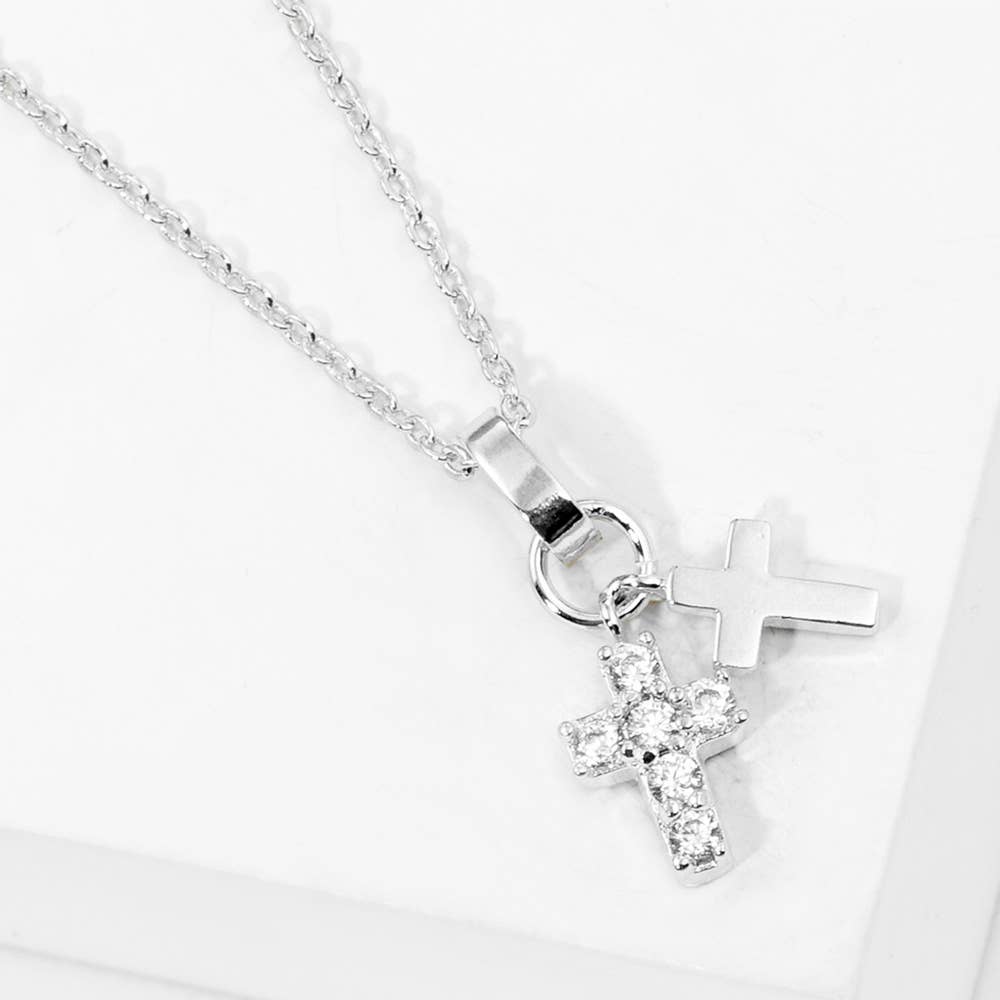 Gold Dipped CZ Stone Paved Double Cross Pendant Necklace