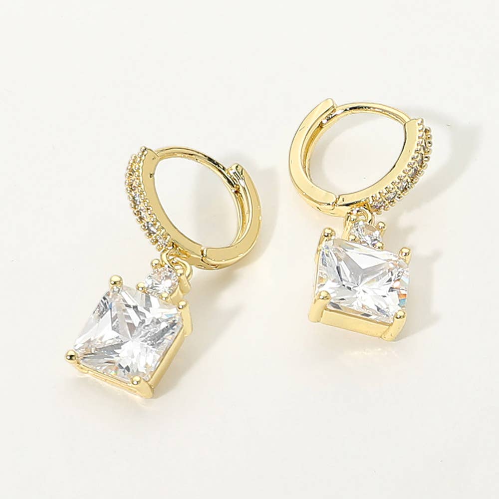 Gold Dipped Square CZ Drop Huggie Earrings