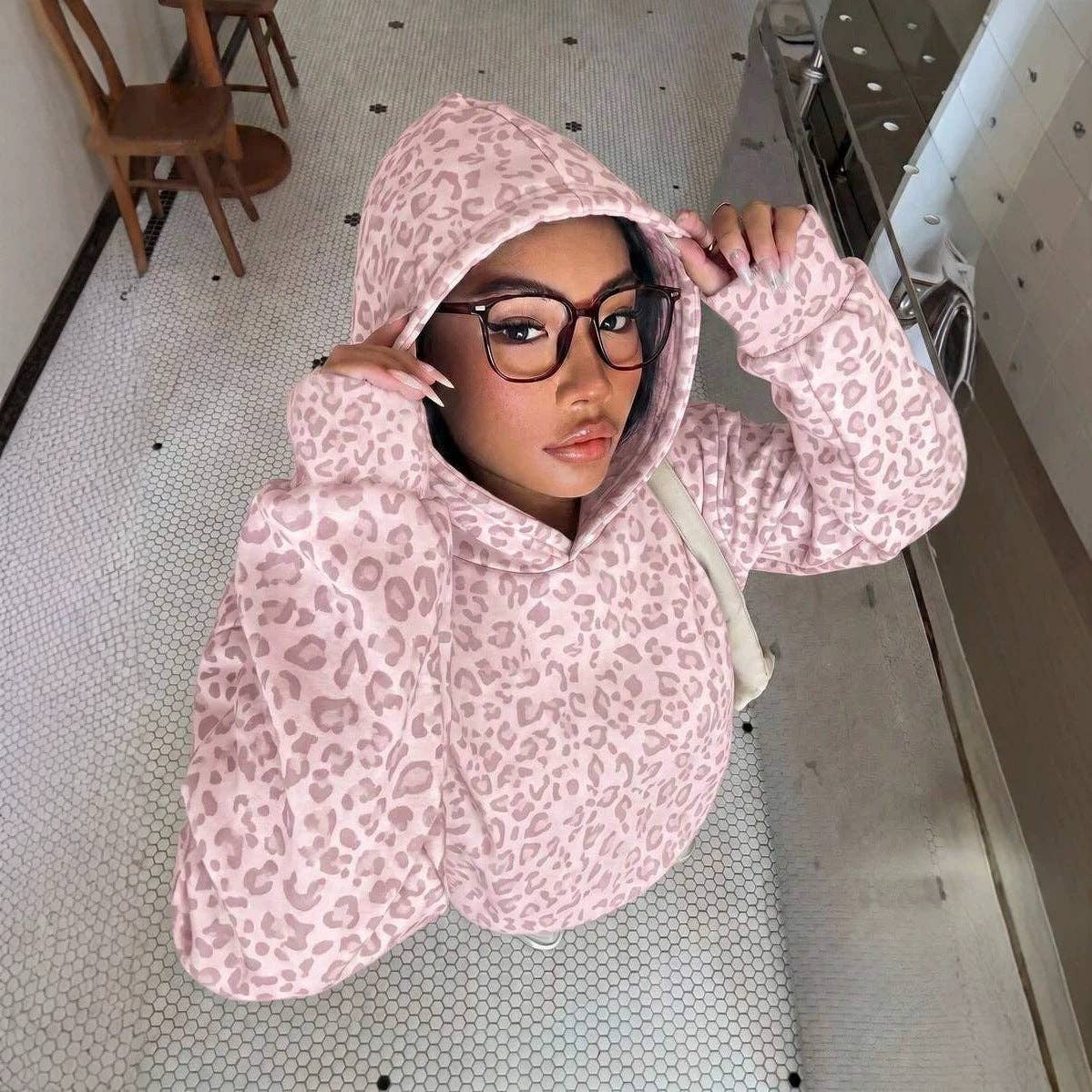 Leopard Print Hoodie Casual Oversized Sweatshirt