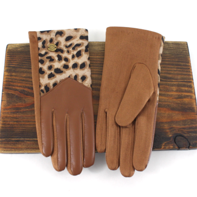 A26002 Faux Leather Leopard Contrast Gloves