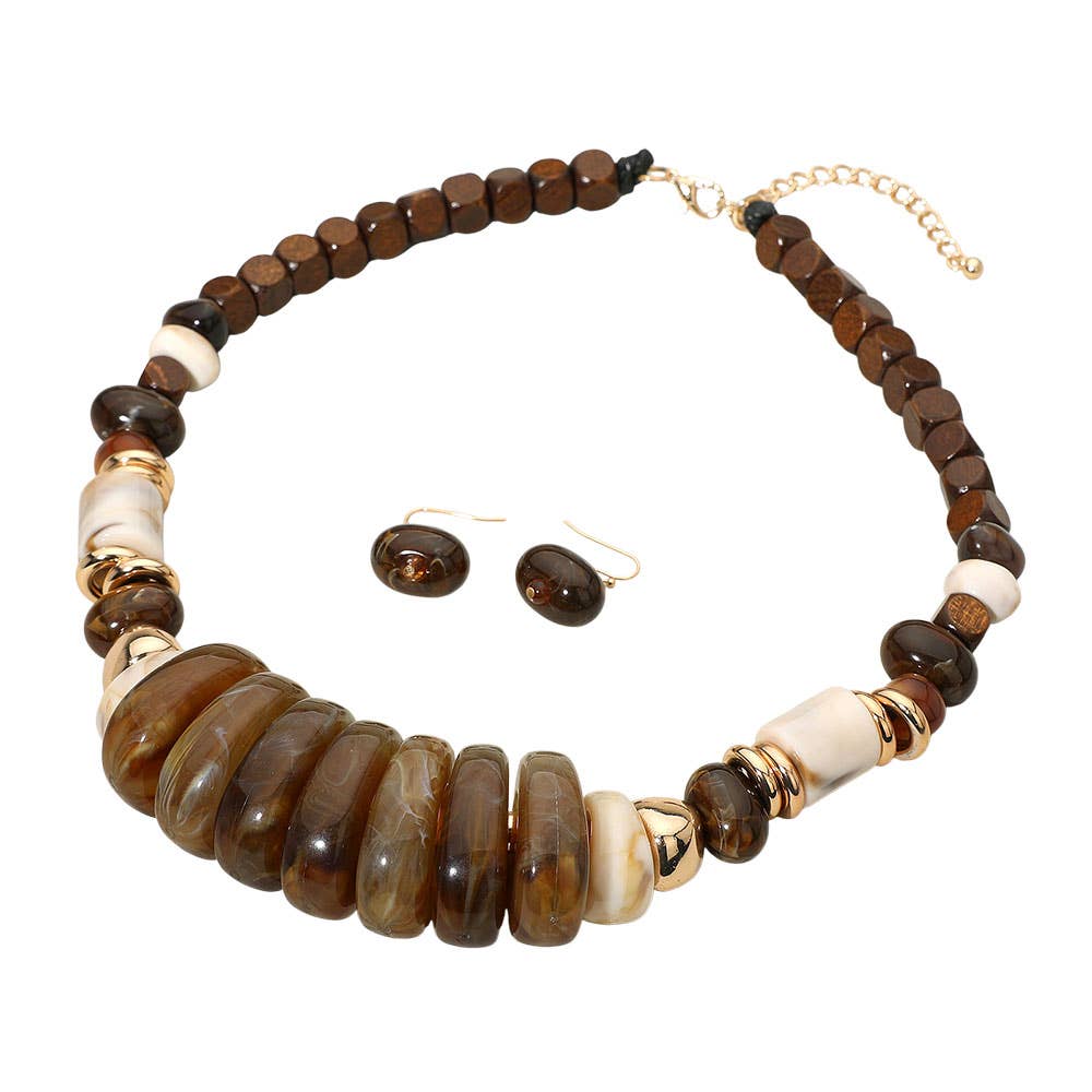 Chunky Marbled Resin Wood Beaded Statement Necklace