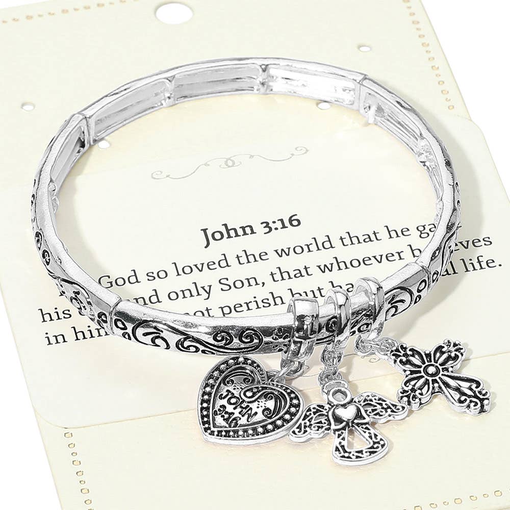 John 3:16 Message Angel Heart Cross Charm Stretch Bracelet