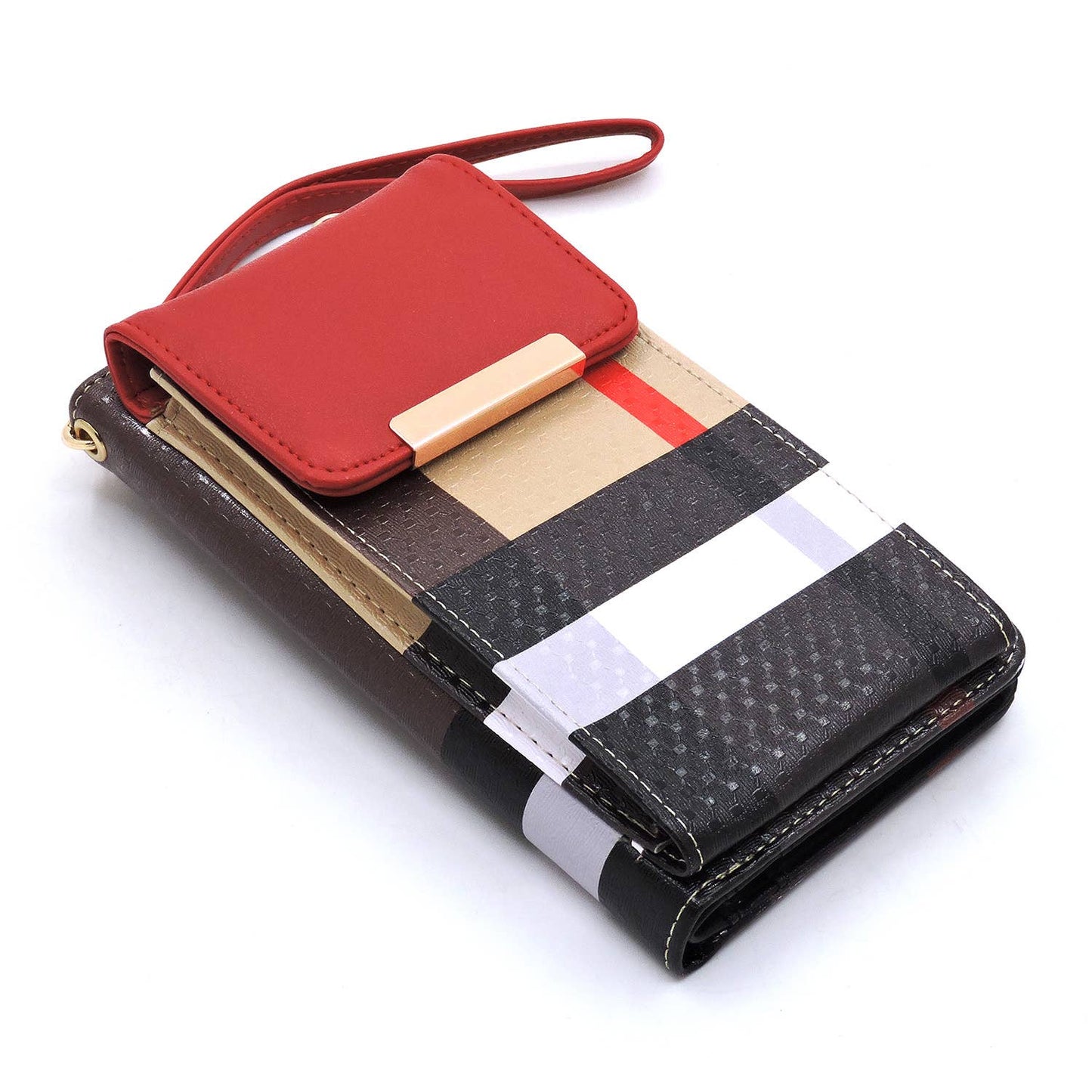 BT073_RED Tartan Plaid Check Bifold Wallet Crossbody Cell Ph