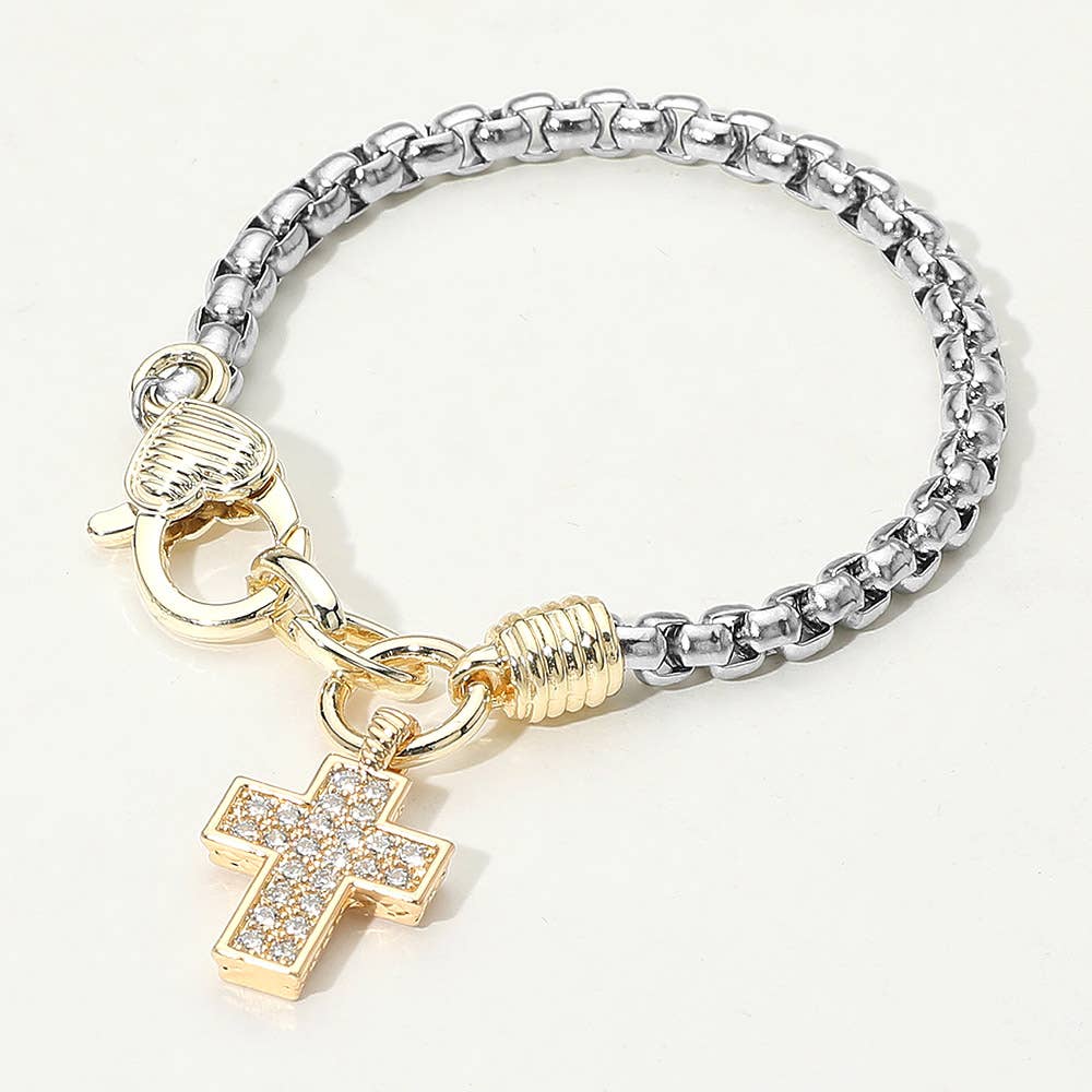 14K Gold Plated CZ Stone Paved Cross Charm Two Tone Bracelet