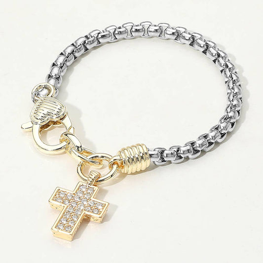 14K Gold Plated CZ Stone Paved Cross Charm Two Tone Bracelet