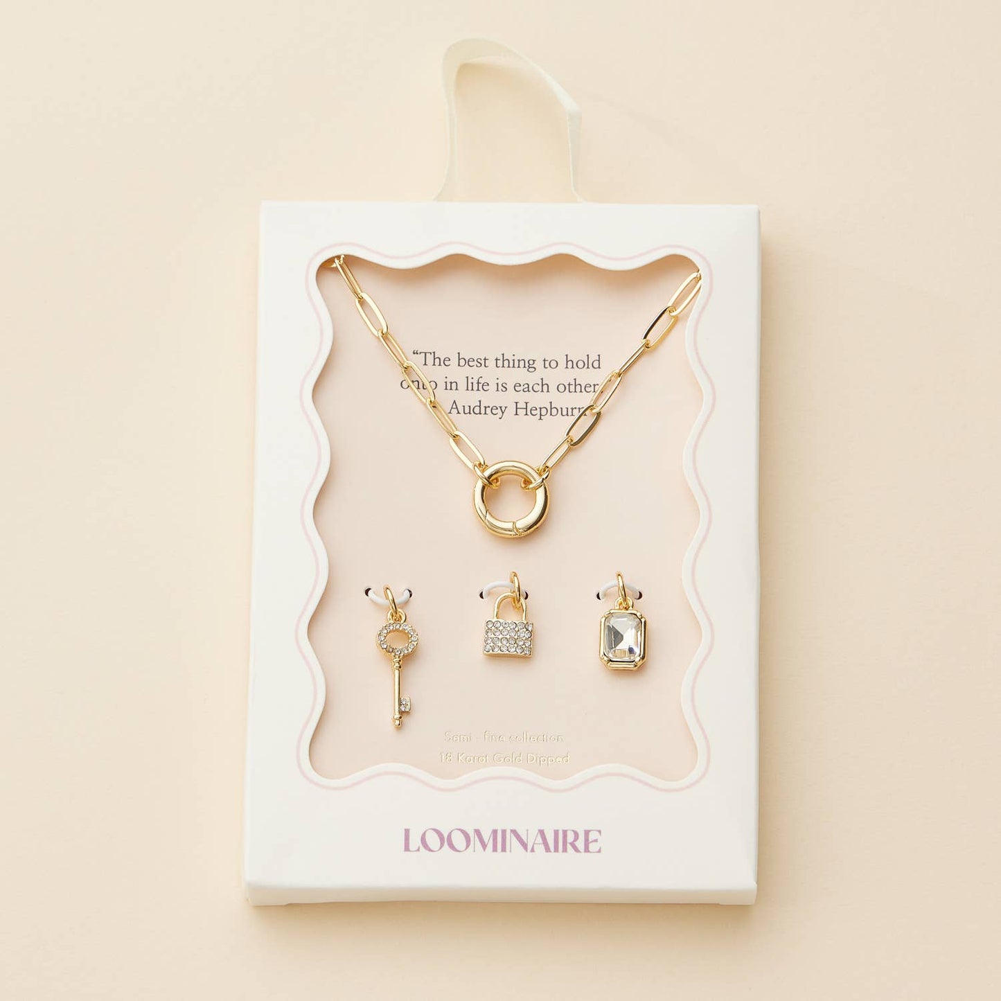 Gold Dipped Charm Necklace with Key and Gemstone Accents