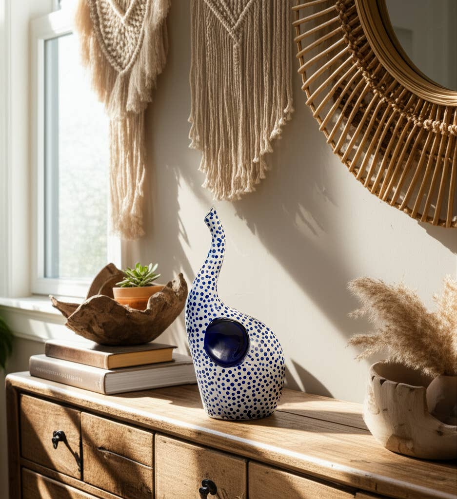 Ceramic Hand Stamped Elephant Figurine - Blue, 11 in.