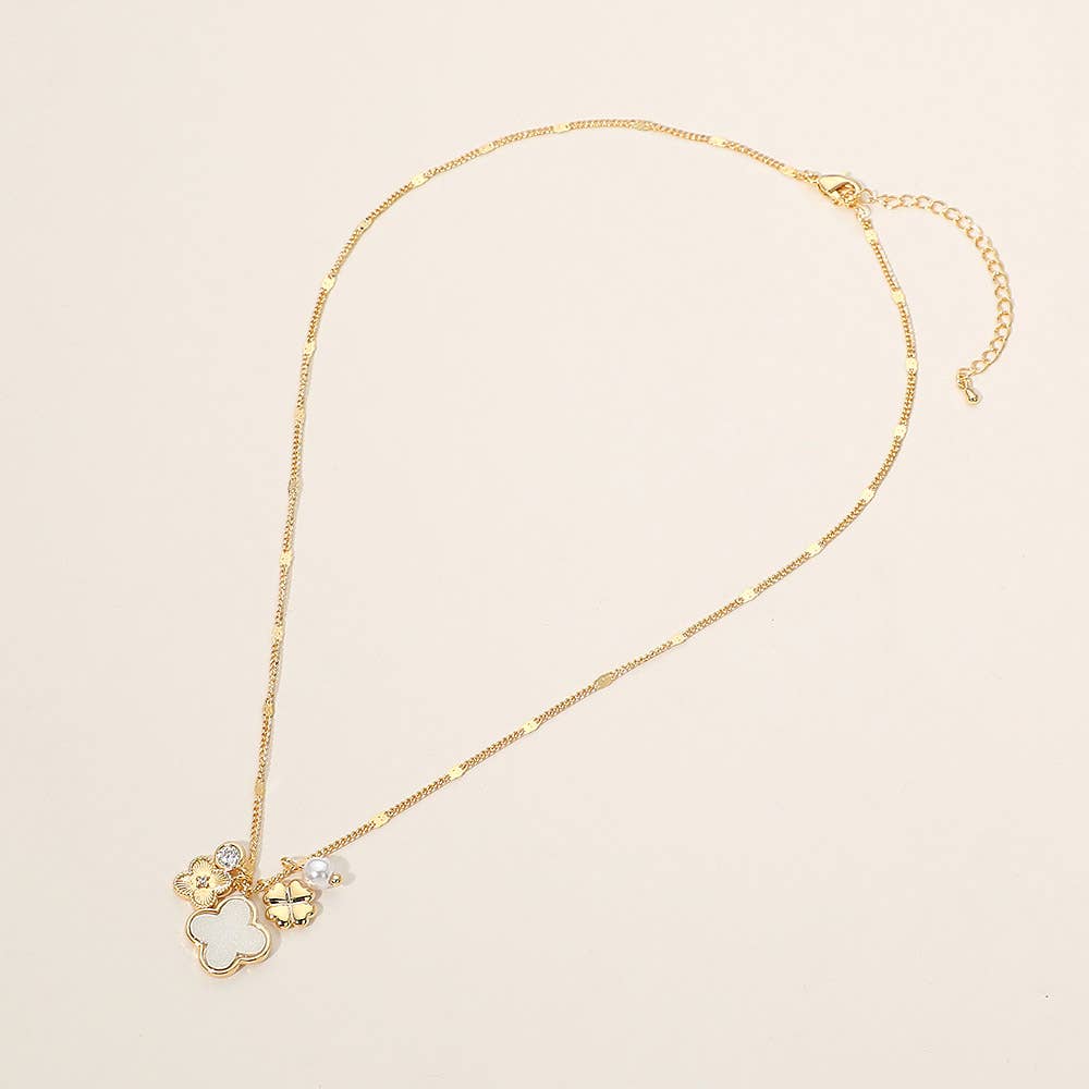 18K Gold Dipped Mother of Pearl Quatrefoil Floral Pearl Charm Necklace