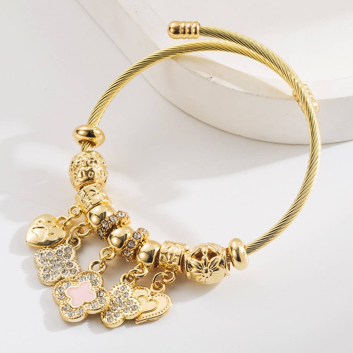 Trendy Gold Clover Heart Charm Bracelet_CWMM8491