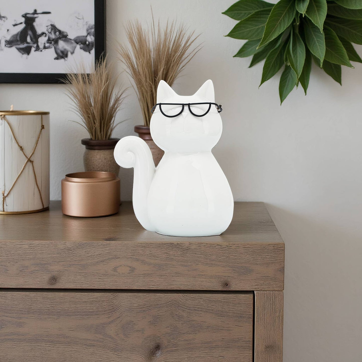 Ceramic Modern Kitty with Glasses Figurine - White, 8 in.