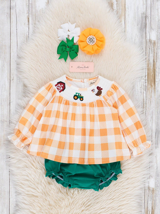 Down on the Farm Smocked Gingham Bloomers Outfit
