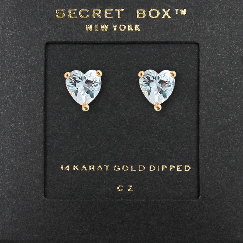 SECRET BOX_14K Gold Dipped CZ Heart Stone Stud Earrings