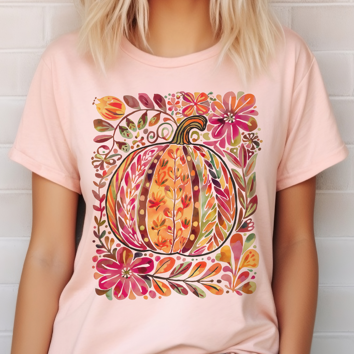 Autumn Floral Pumpkin Fall Leaves Thanksgiving Graphic Tee