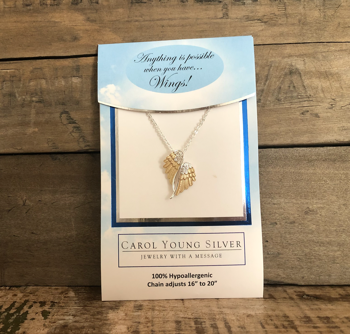 Angel Wings Necklace, Petite / 2 Tone on CARD/Jewelry