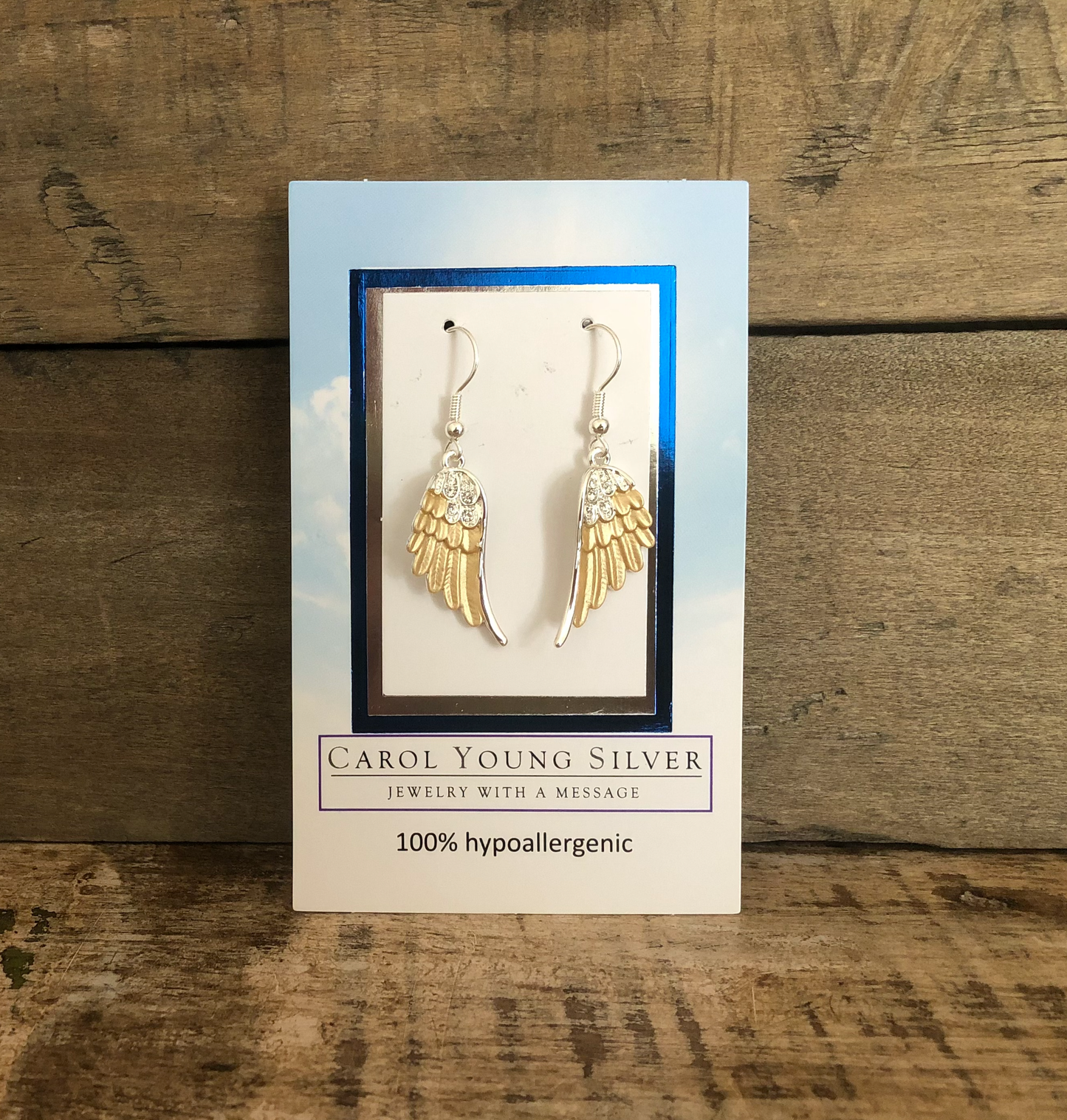 Angel Wings  Earrings /  2 Tone  / Drop Wire on CARD/Jewelry