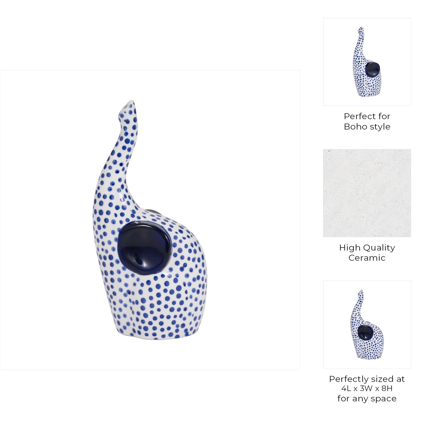 Blue/White 8x4 in. Stoneware Hand-Stamped Trunk Up Elephant