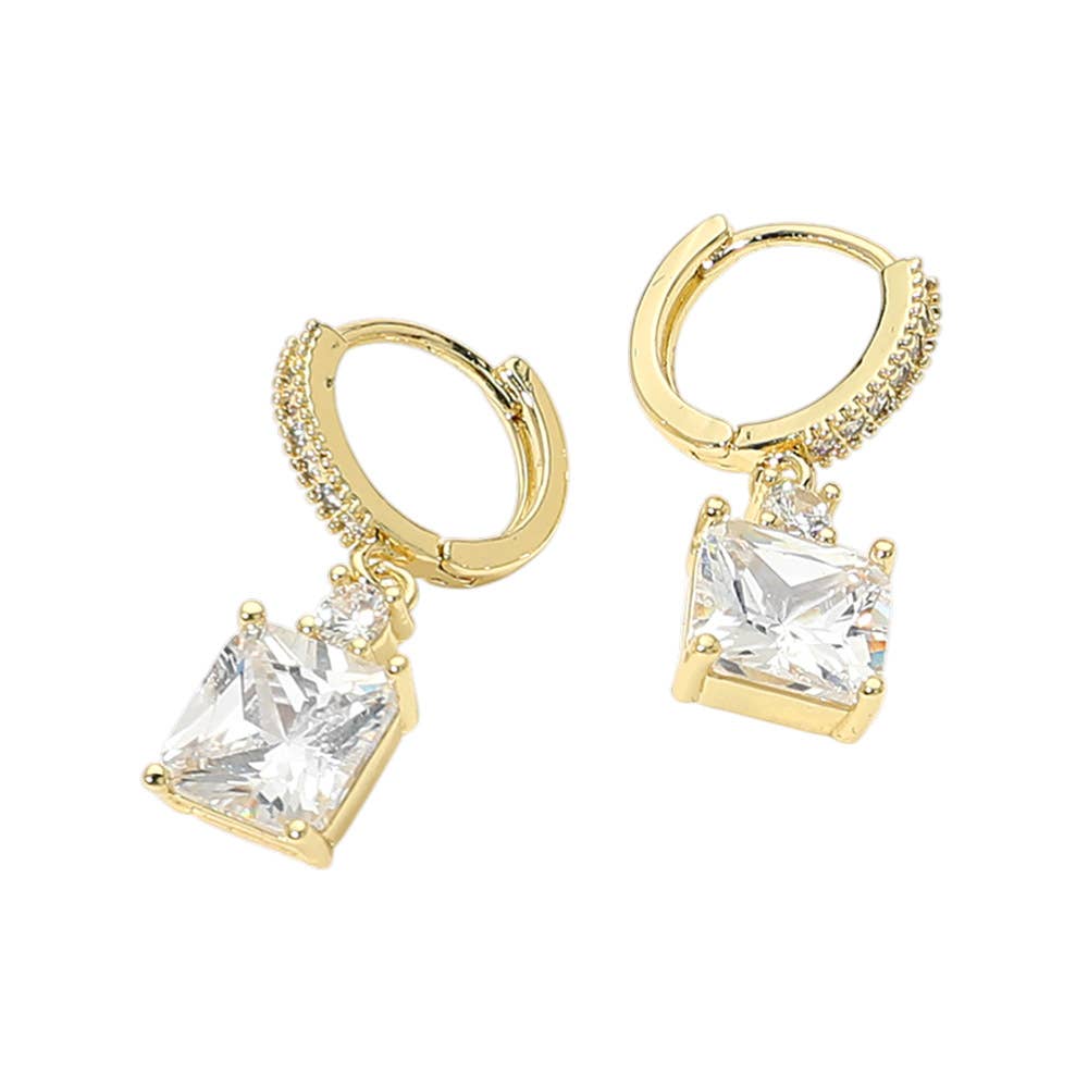 Gold Dipped Square CZ Drop Huggie Earrings