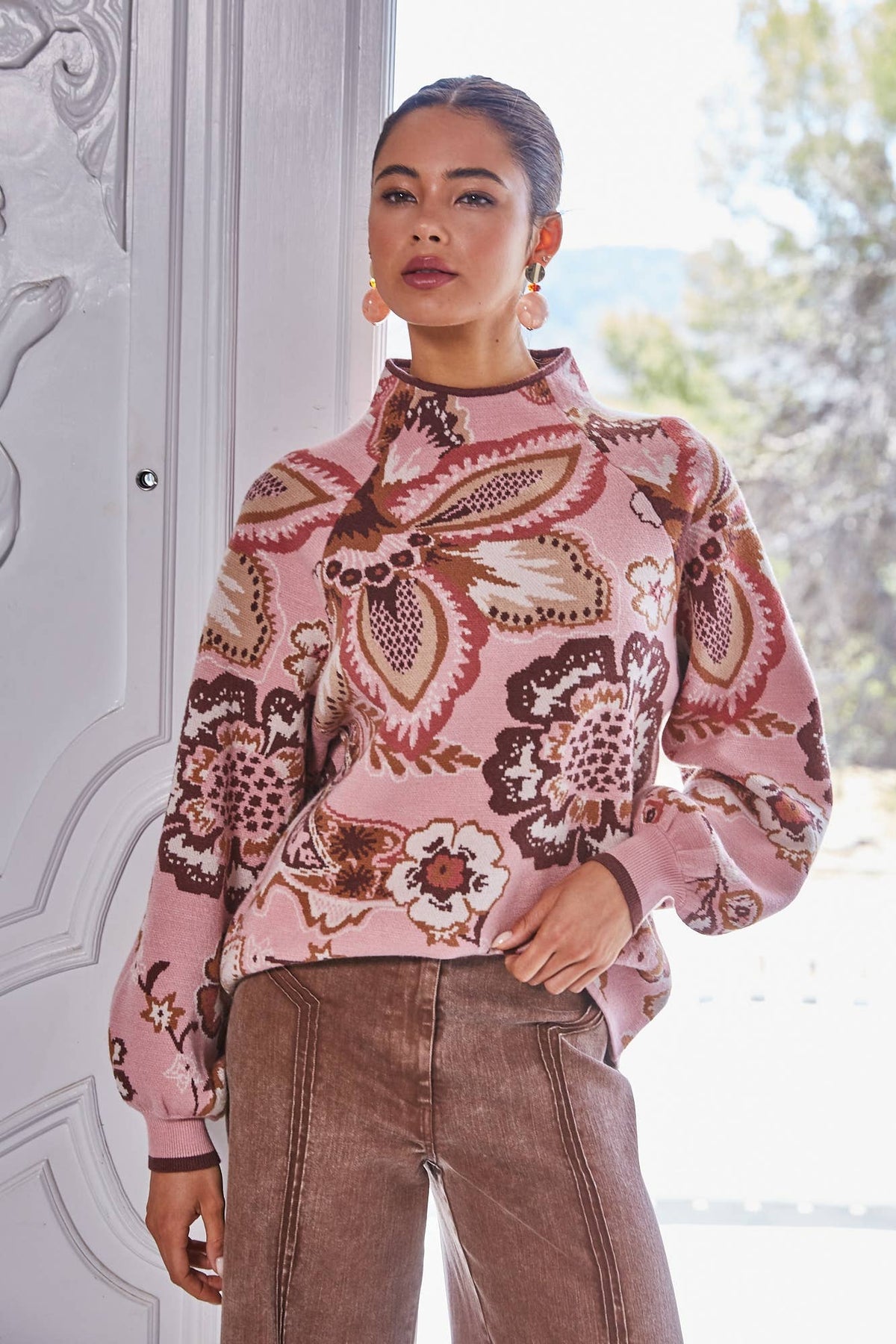 BOLD FLORAL & PAISLEY PATTERN FUNNEL NECKLINE SWEATER