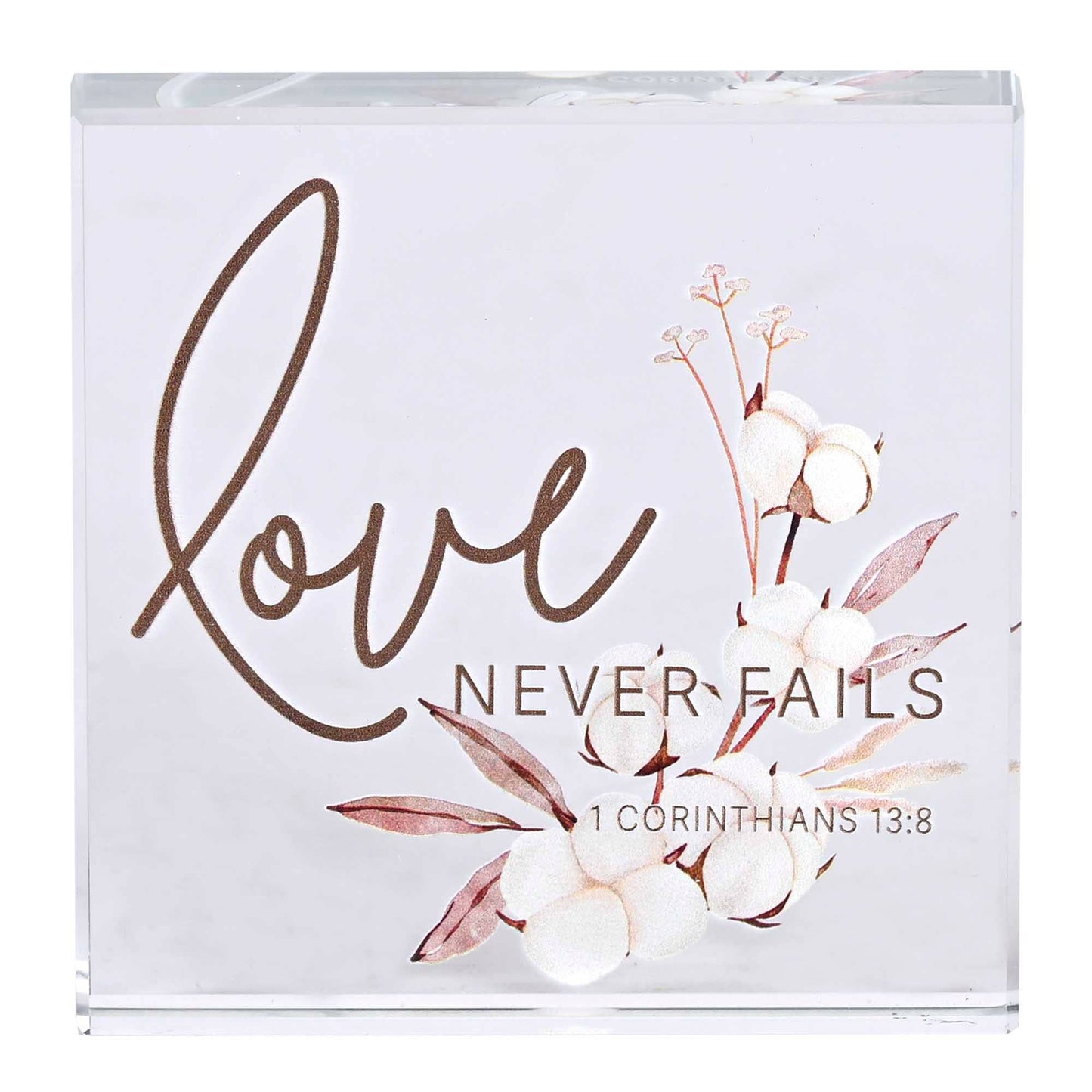 Tabletop Glass Plaque Love Never Fails