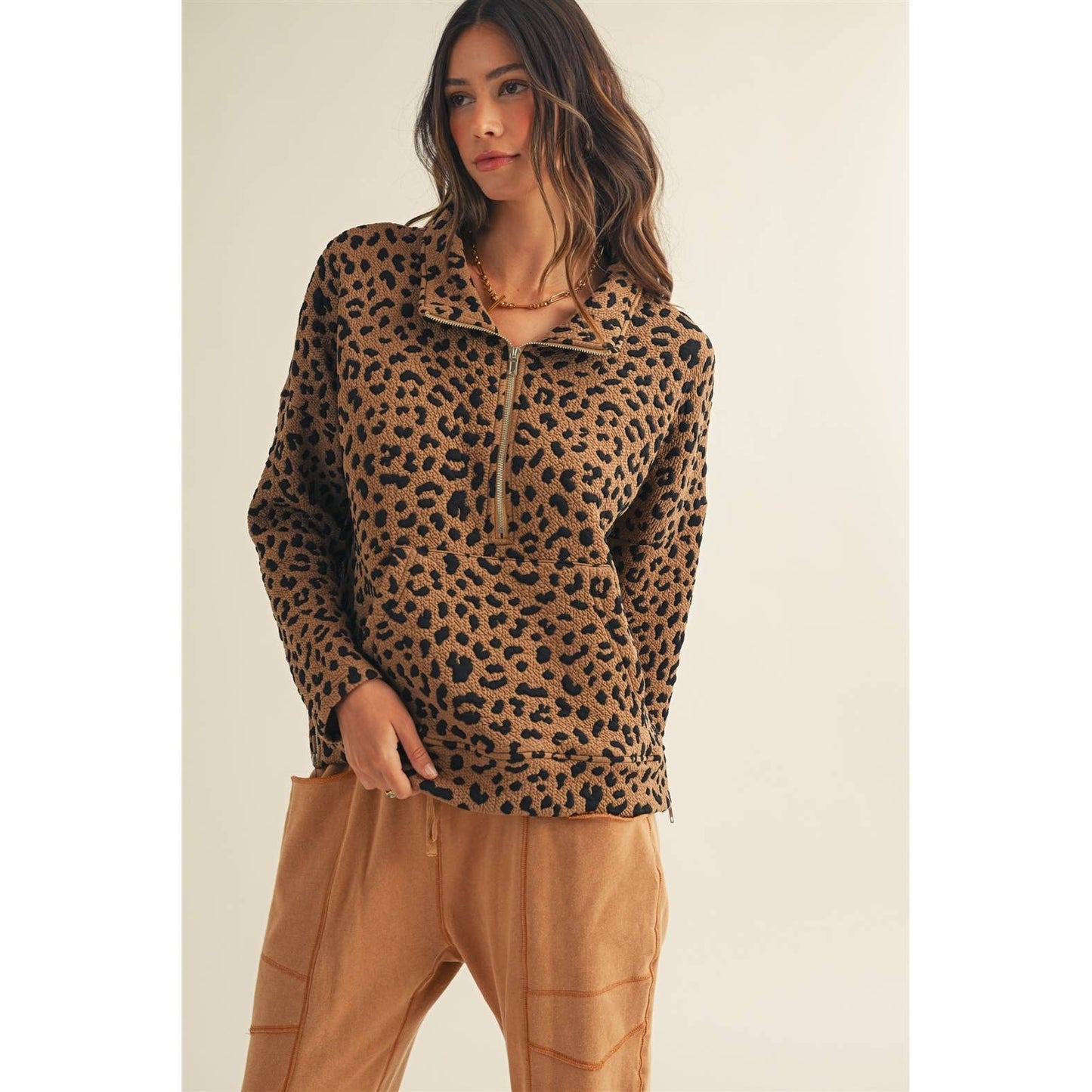 Leopard Loose Fit Zipper Pullover Top