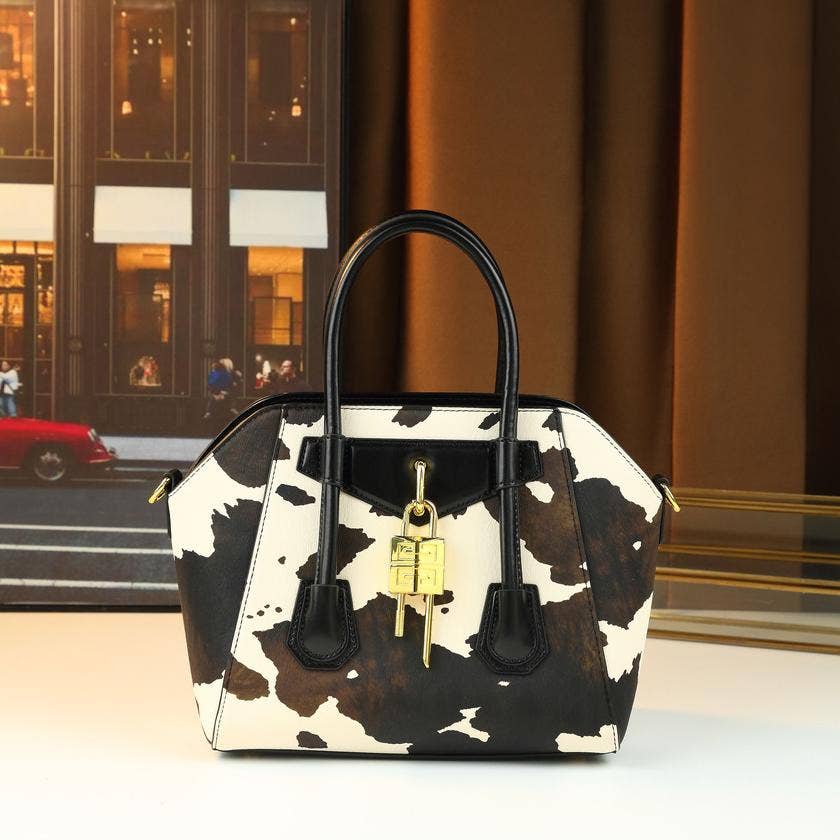 Lock Detail Cow Print Handbag Boston bag with 2 straps