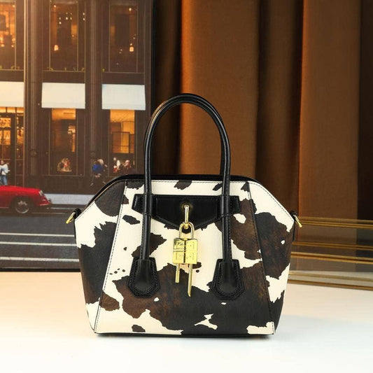 Lock Detail Cow Print Handbag Boston bag with 2 straps