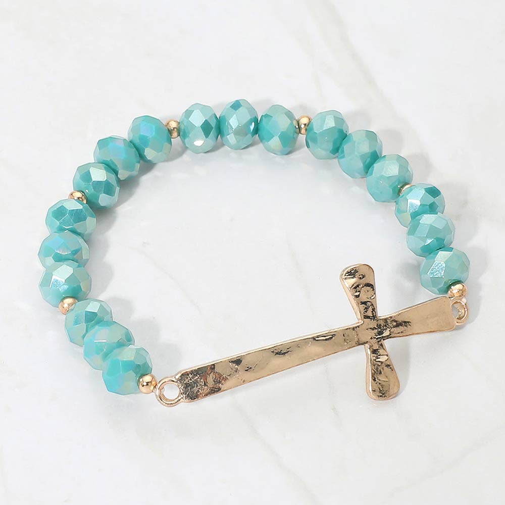 Brushed Hammered Metal Cross Accent Faceted Beaded Stretch Bracelet