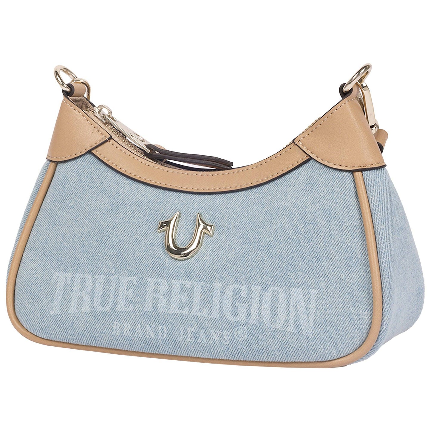 True Religion Blair Denim & PU Shoulder Bag – Logo Denim Mini Shoulder Bag with Detachable Strap (Denim)