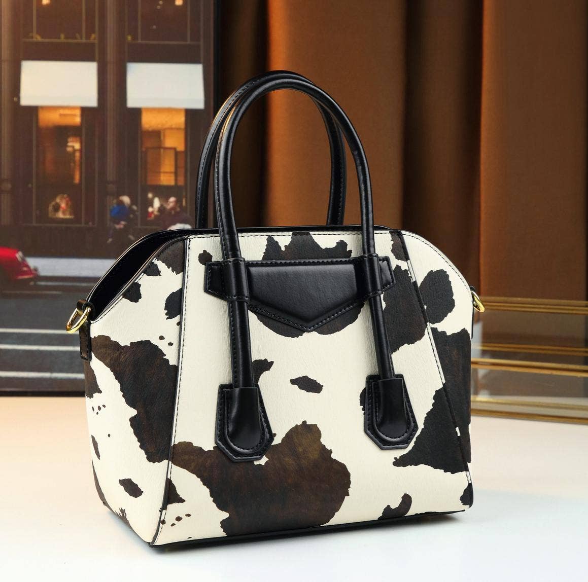 Lock Detail Cow Print Handbag Boston bag with 2 straps