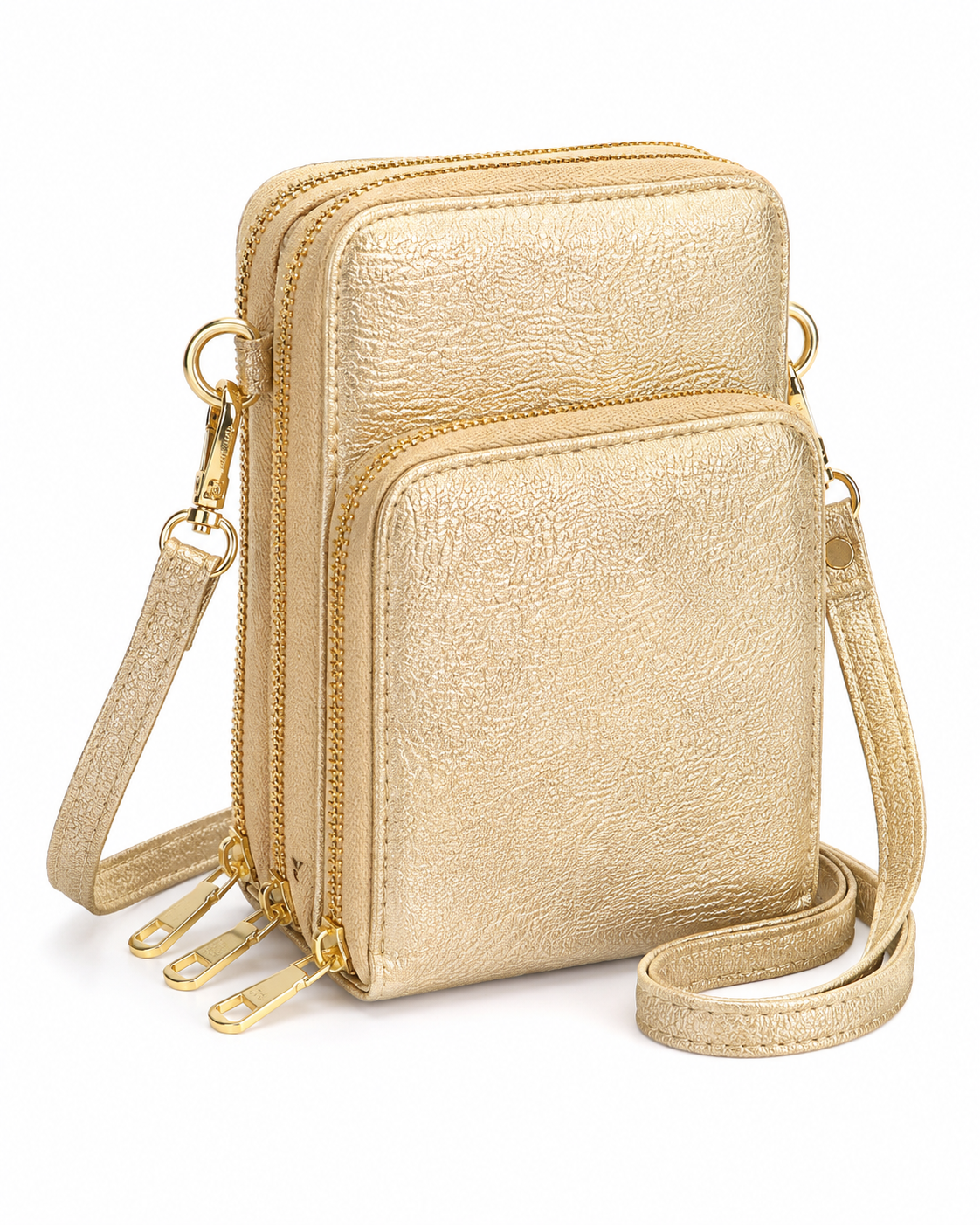 Triple Zip Vegan Leather Crossbody Wallet Bag with Strap