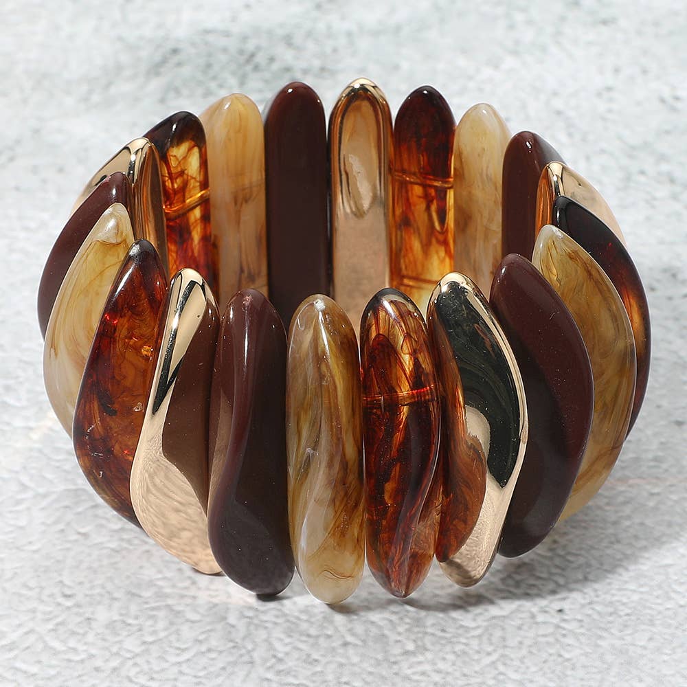 Celluloid Acetate Metal Abstract Bar Beaded Stretch Bracelet